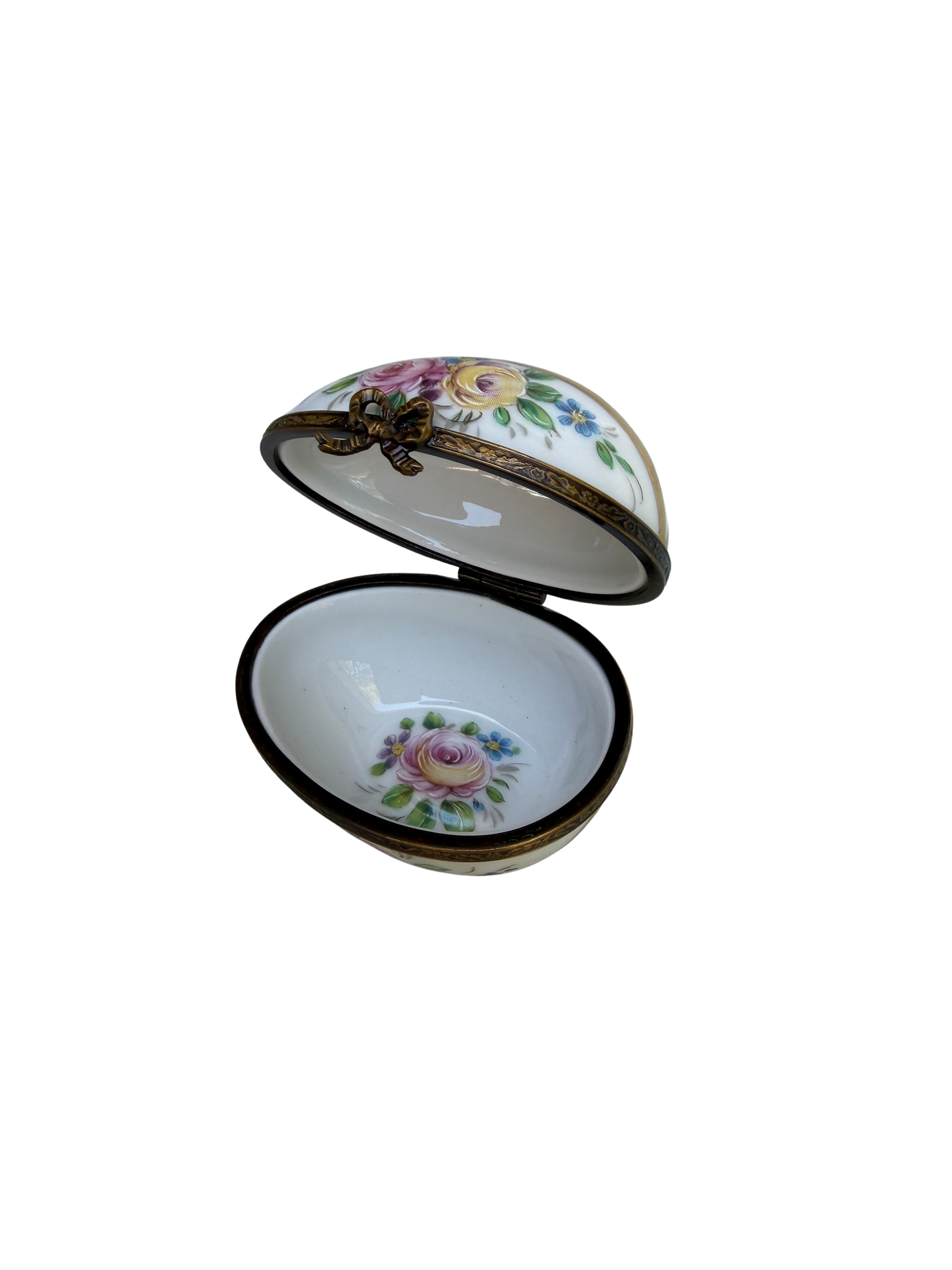 Vintage French Limoges Hand-Painted Porcelain Floral Egg Trinket Box with Gilt Mounts