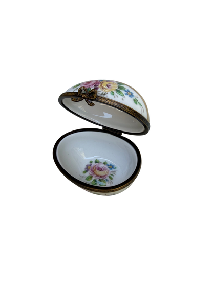 Vintage French Limoges Hand-Painted Porcelain Floral Egg Trinket Box with Gilt Mounts