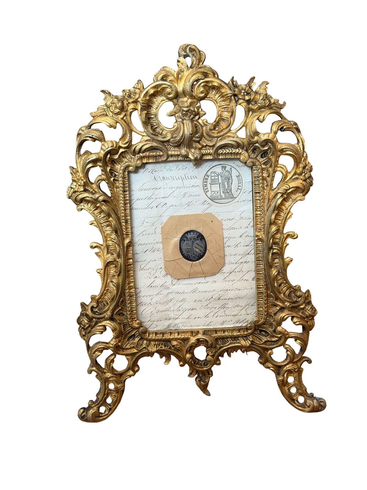 19th Century French Blue Wax Heraldic Alliance Seal on Handwritten Correspondence in Gilt Rococo-Revival Frame