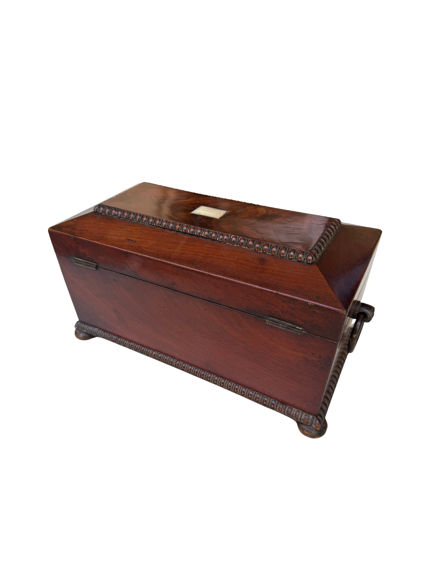 English Regency Figured Mahogany and Mother-of-Pearl Sarcophagus Tea Caddy with Cut Crystal Mixing Bowl