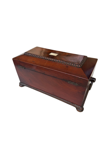 English Regency Figured Mahogany and Mother-of-Pearl Sarcophagus Tea Caddy with Cut Crystal Mixing Bowl