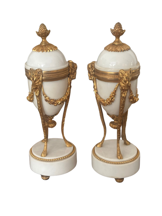 Pair of Antique French Ormolu and White Marble Cassolettes Converting to Candlesticks