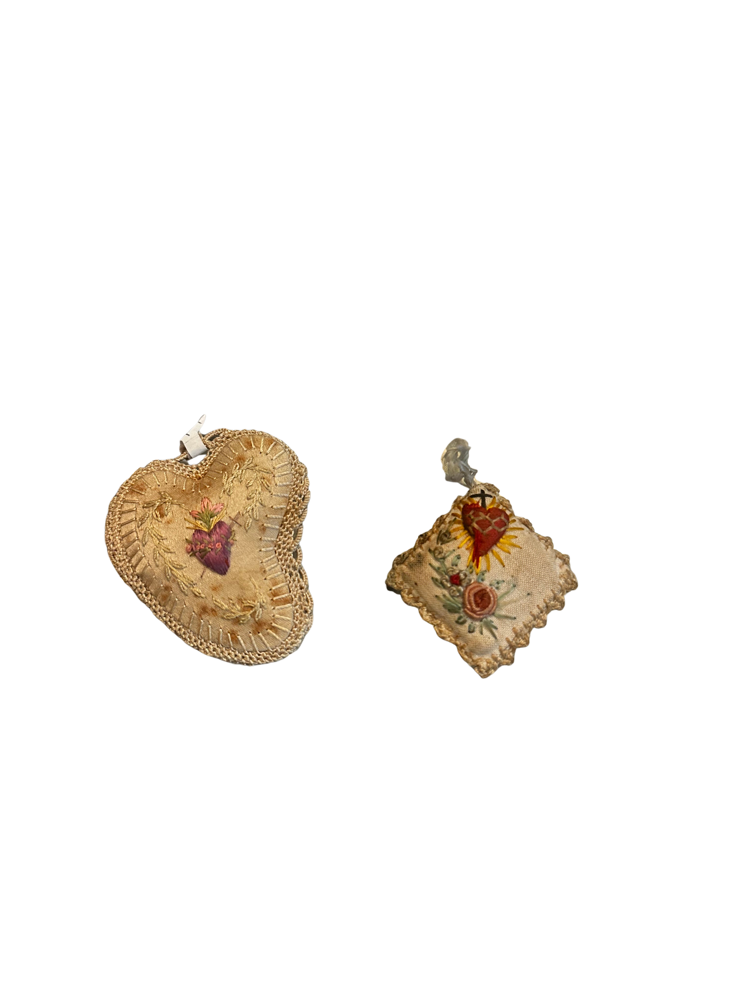 Antique Embroidered Sacred Heart Ex-Voto Pillow Ornaments