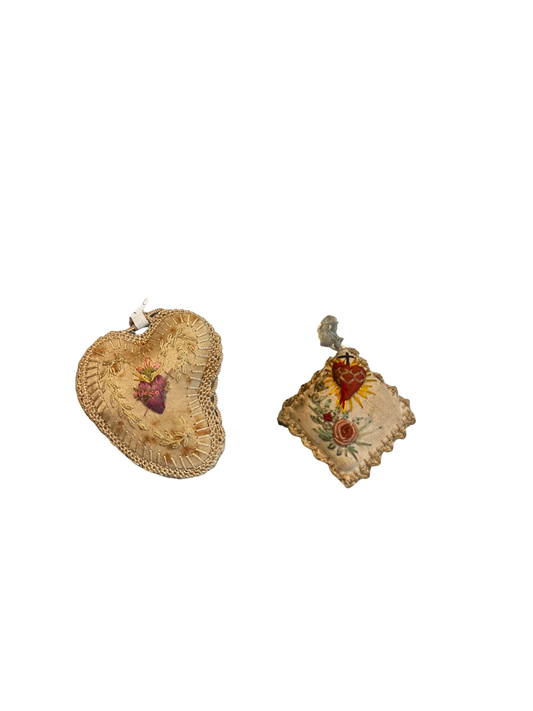 Antique Embroidered Sacred Heart Ex-Voto Pillow Ornaments