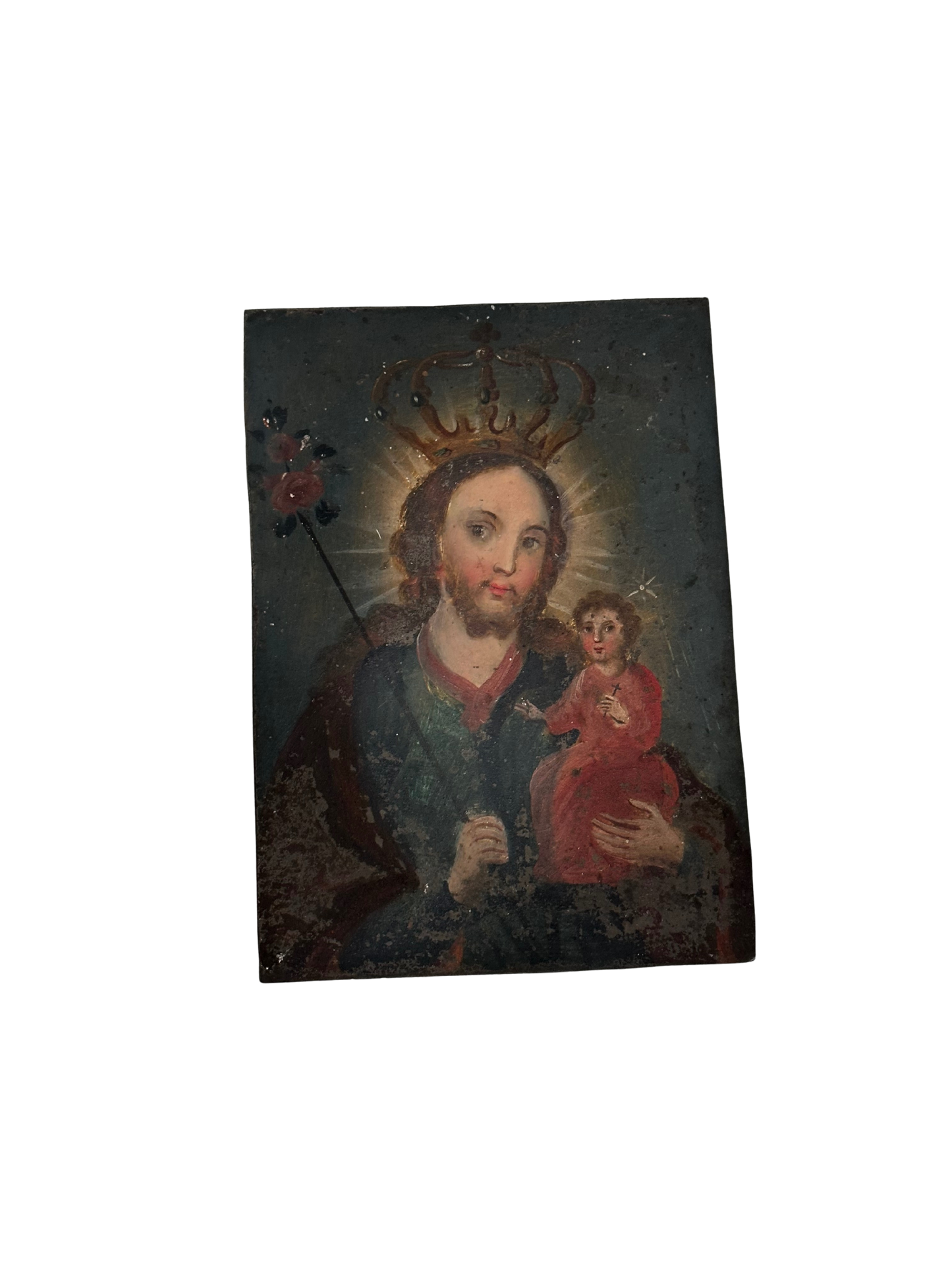 Antique Mexican Oil on Tin Retablo of St Joseph and the Christ Child