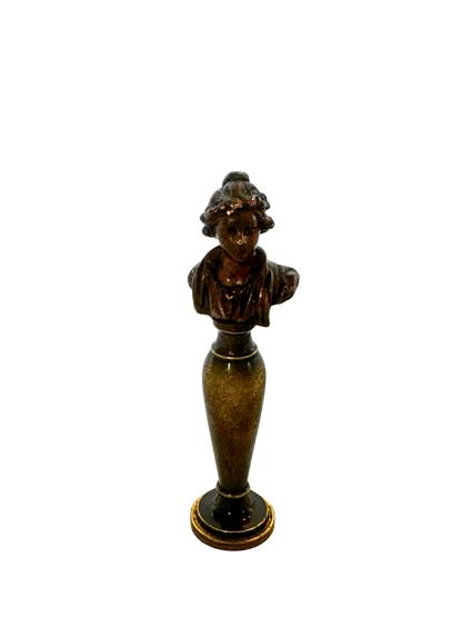 19th-Century Gilt Bronze Wax Seal with Classical Female Bust and Script Monogram