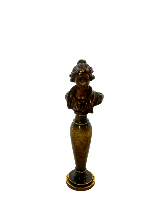 19th-Century Gilt Bronze Wax Seal with Classical Female Bust and Script Monogram