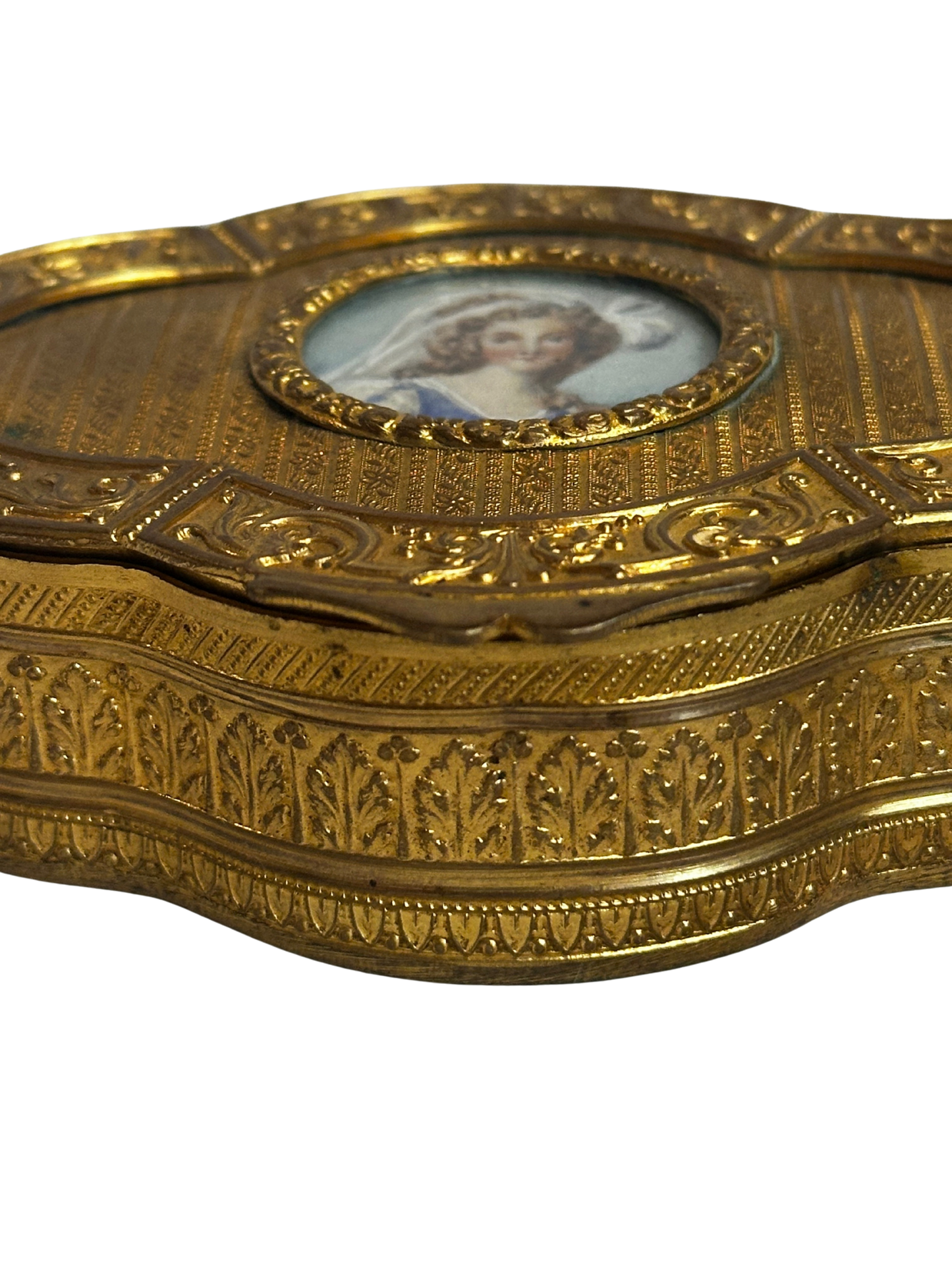 Antique Gilt Metal Clover Shaped Vanity Box with Portrait of a Young Woman