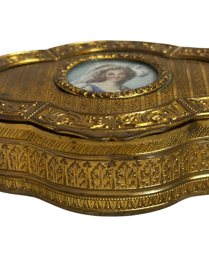 Antique Gilt Metal Clover Shaped Vanity Box with Portrait of a Young Woman