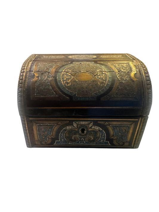 19th C Napoleon III Half Domed Vanity Box with Ornate Brass, Wood and Ivory Inlay
