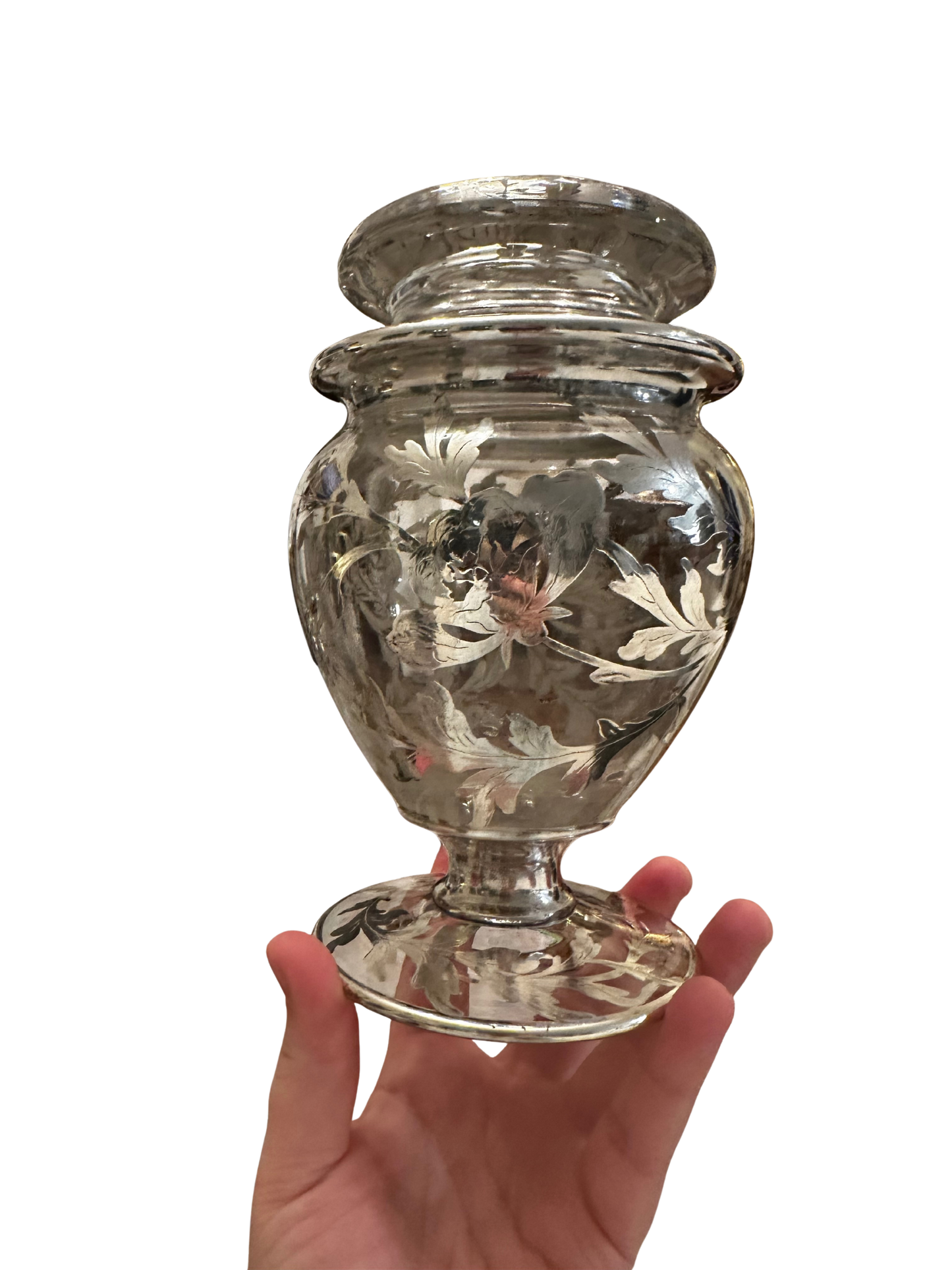 Early 20th C Lidded Crystal Jar with Floral Motif Silver Overlay