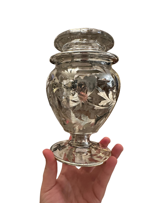 Early 20th C Lidded Crystal Jar with Floral Motif Silver Overlay