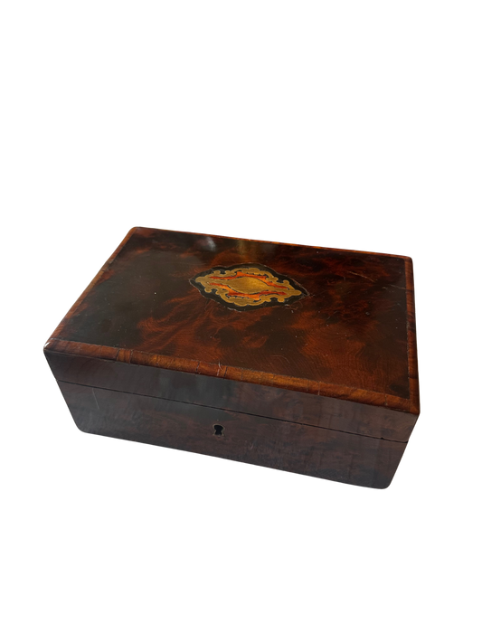 Late 19th C English Burl Wood Marquetry Jewelry Box with Two Tiers