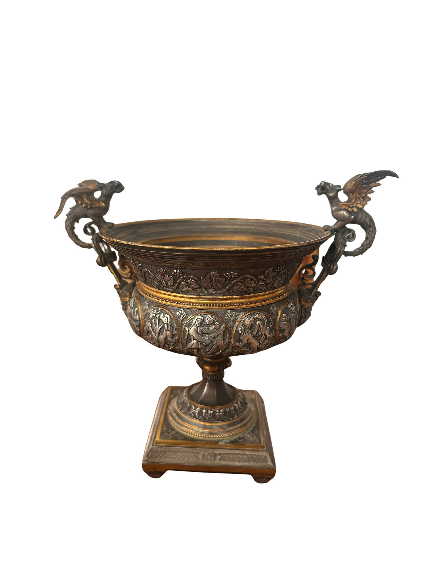 19th Century Continental Gilt Metal Tazza with Griffin/Dragon Supports