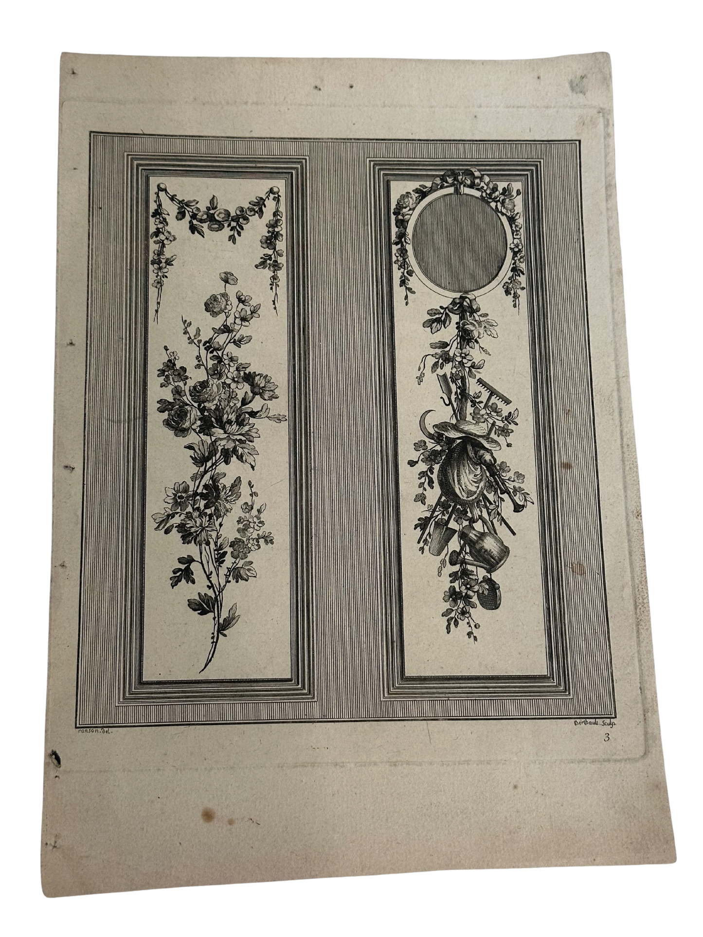 18th-Century French Ornamental Engraving Plate with Floral and Garden Trophy Panels
