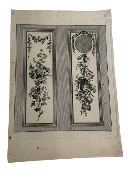 18th-Century French Ornamental Engraving Plate with Floral and Garden Trophy Panels