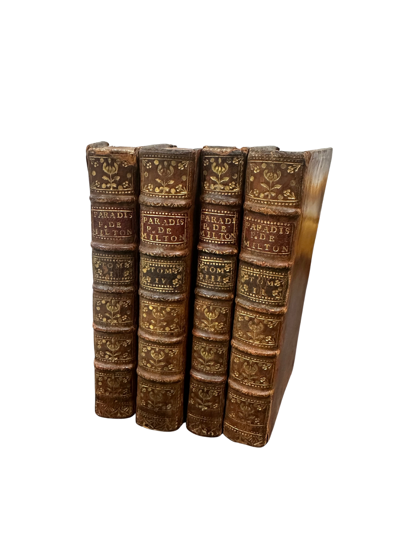 1753 French Translation of John Milton's Paradise Lost with Comte/Count Bookplates (Complete Set in Four Volumes)