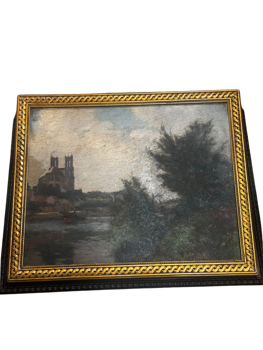 19th Century French Riverside Landscape with Cathedral, Oil on Canvas, Signed