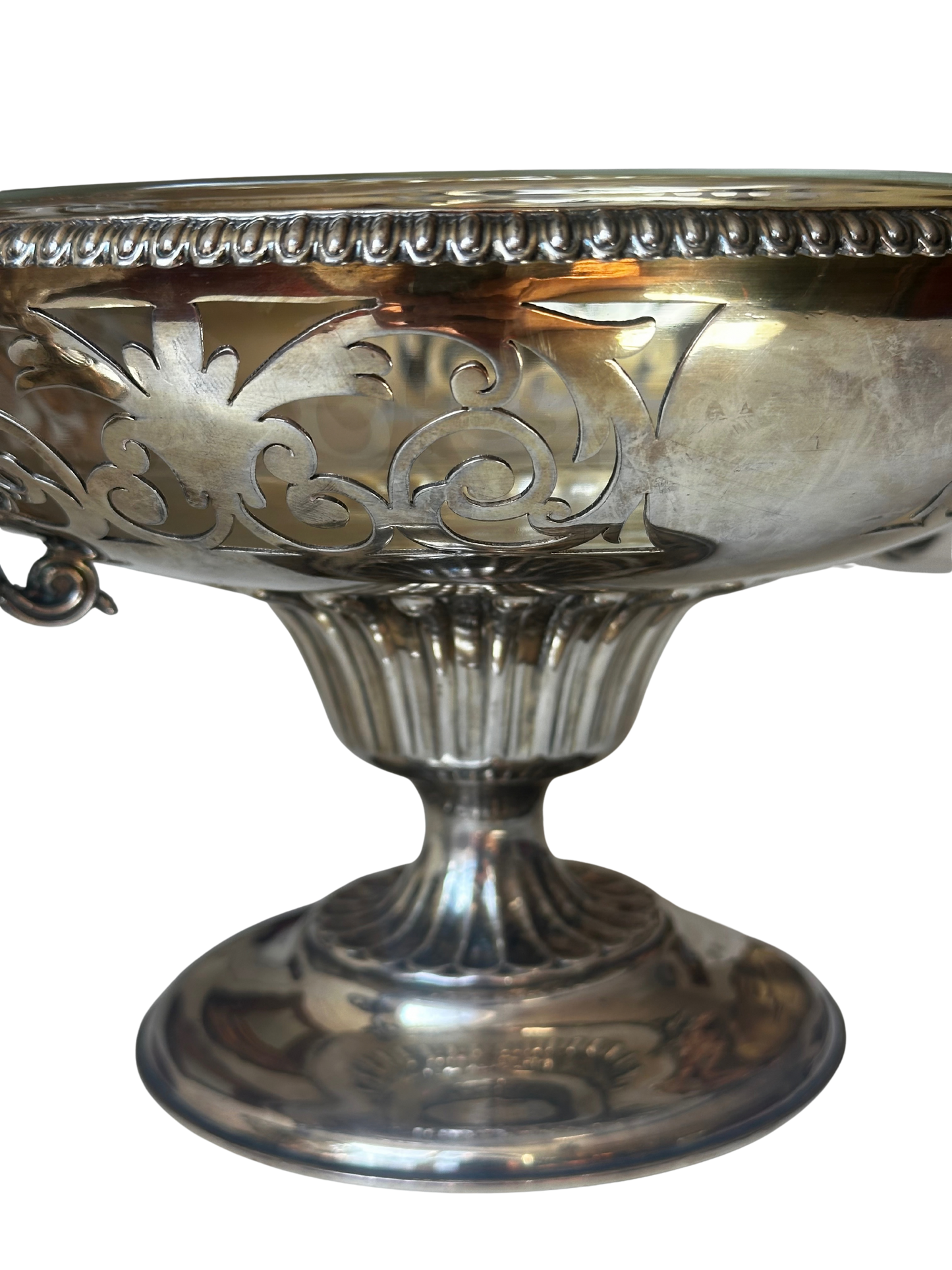Pair of French Silverplate Pedestal Compotes with Arcoroc Glass Insert and Swan Handles