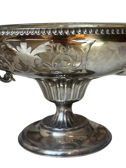 Pair of French Silverplate Pedestal Compotes with Arcoroc Glass Insert and Swan Handles