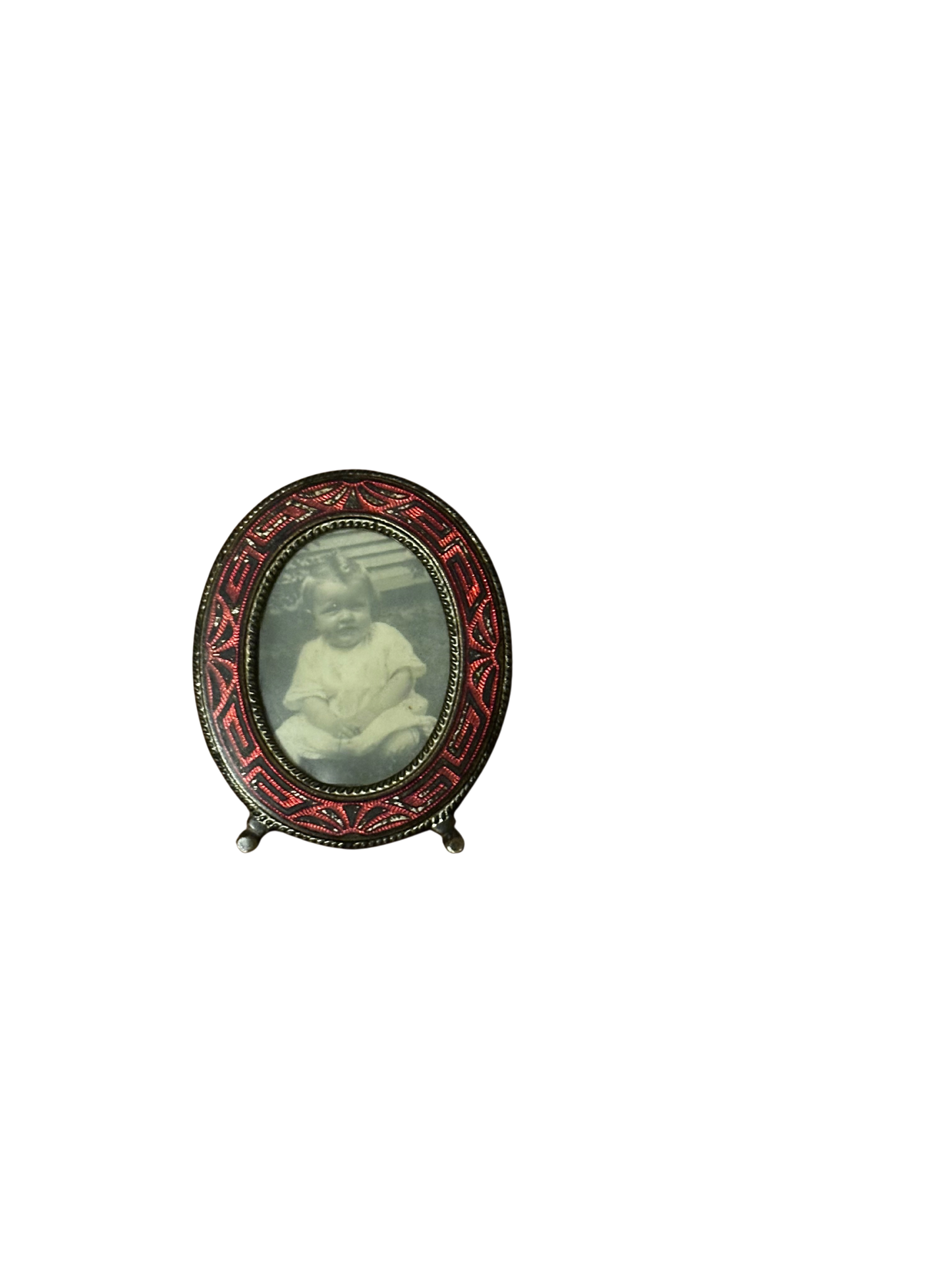 Small Oval Red Enamel Guilloche and Silver Frame