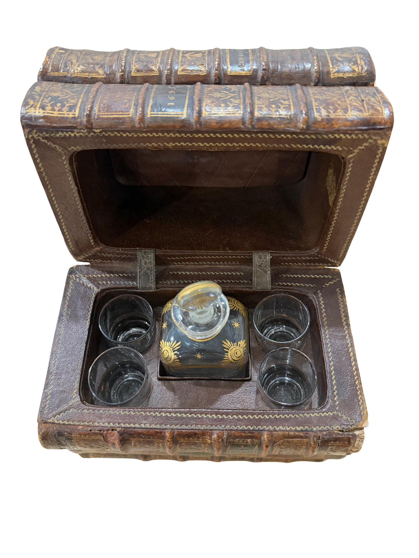 Antique Book-Form Leather Tantalus / Decanter Set with Gilt-Decorated Glassware