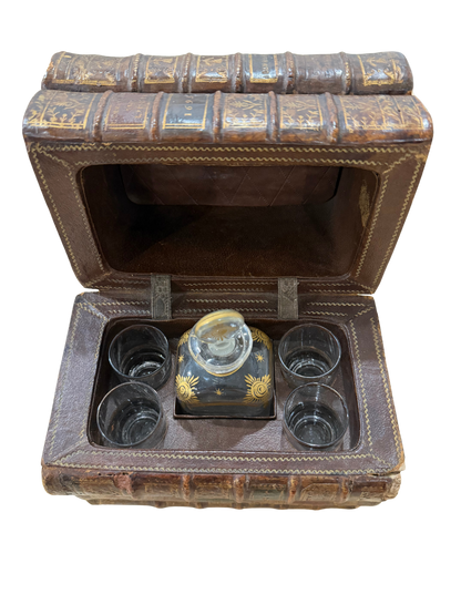 Antique Book-Form Leather Tantalus / Decanter Set with Gilt-Decorated Glassware