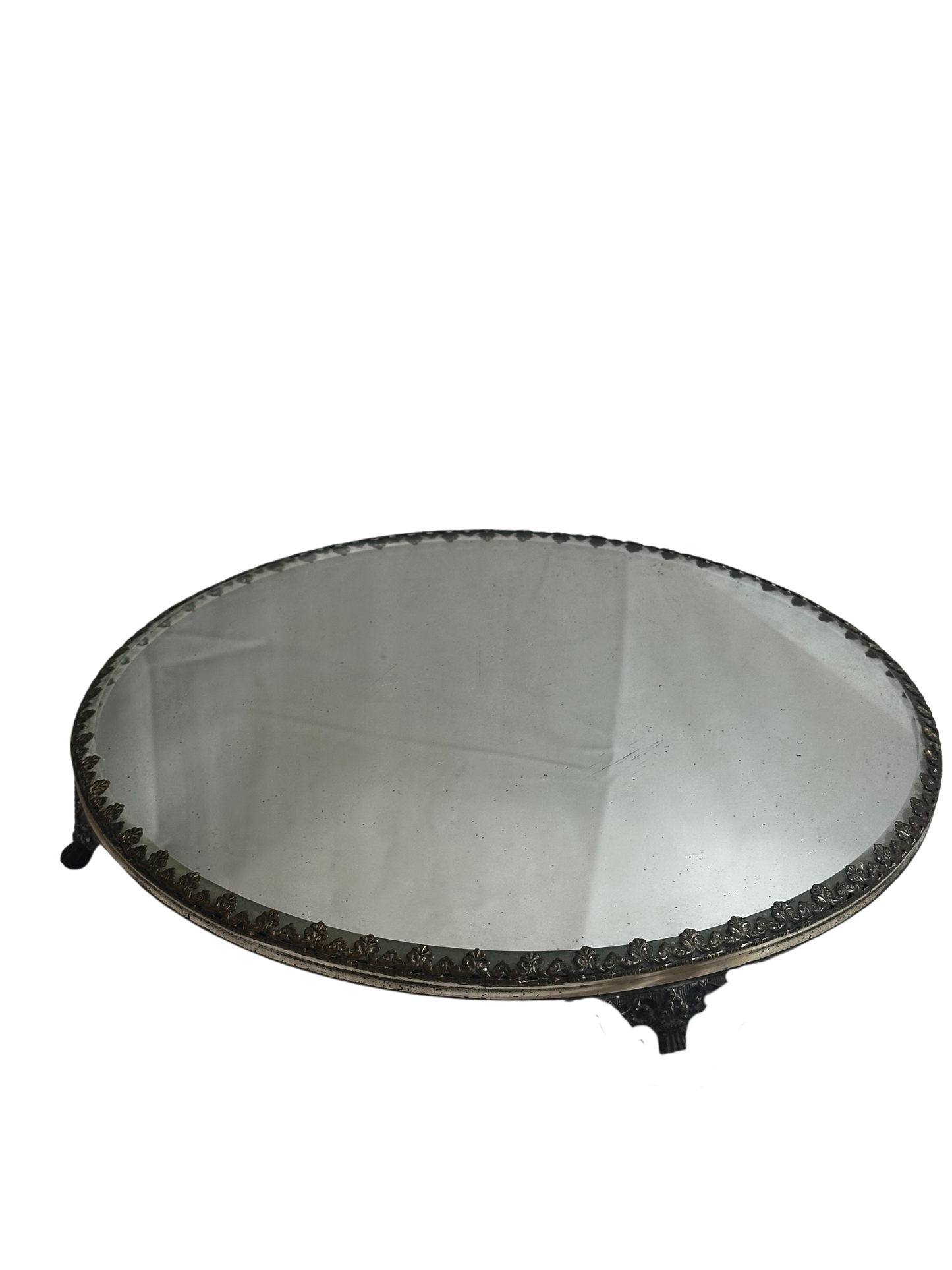 Antique Circular Vanity Mirror Tray with Silver Tone Base