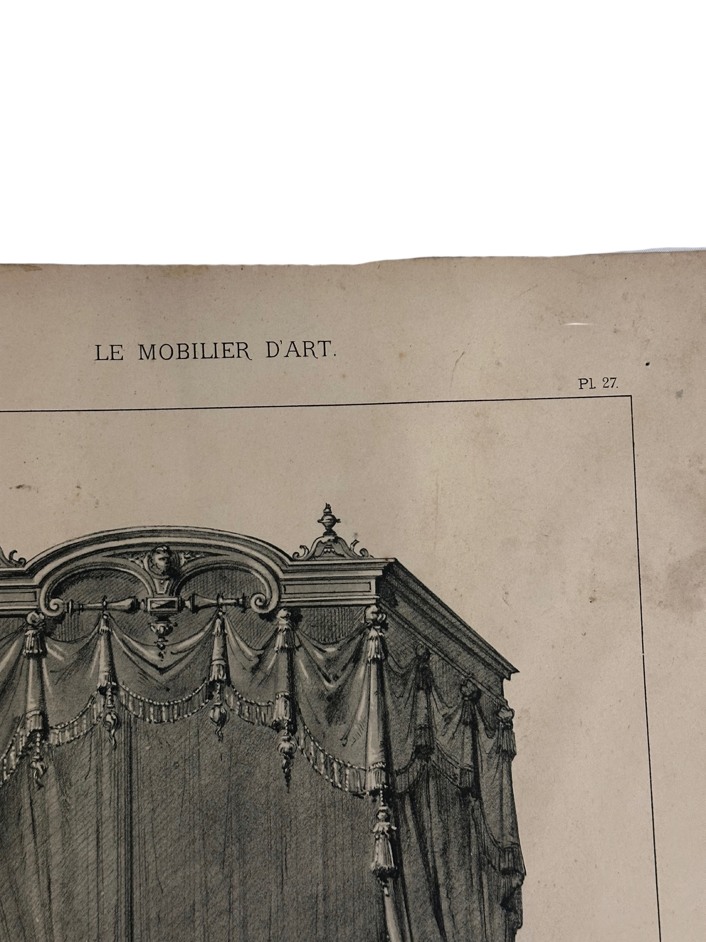 19th-Century French Furniture Design Engraving — Lit Renaissance, Plate 27, Le Mobilier d’Art