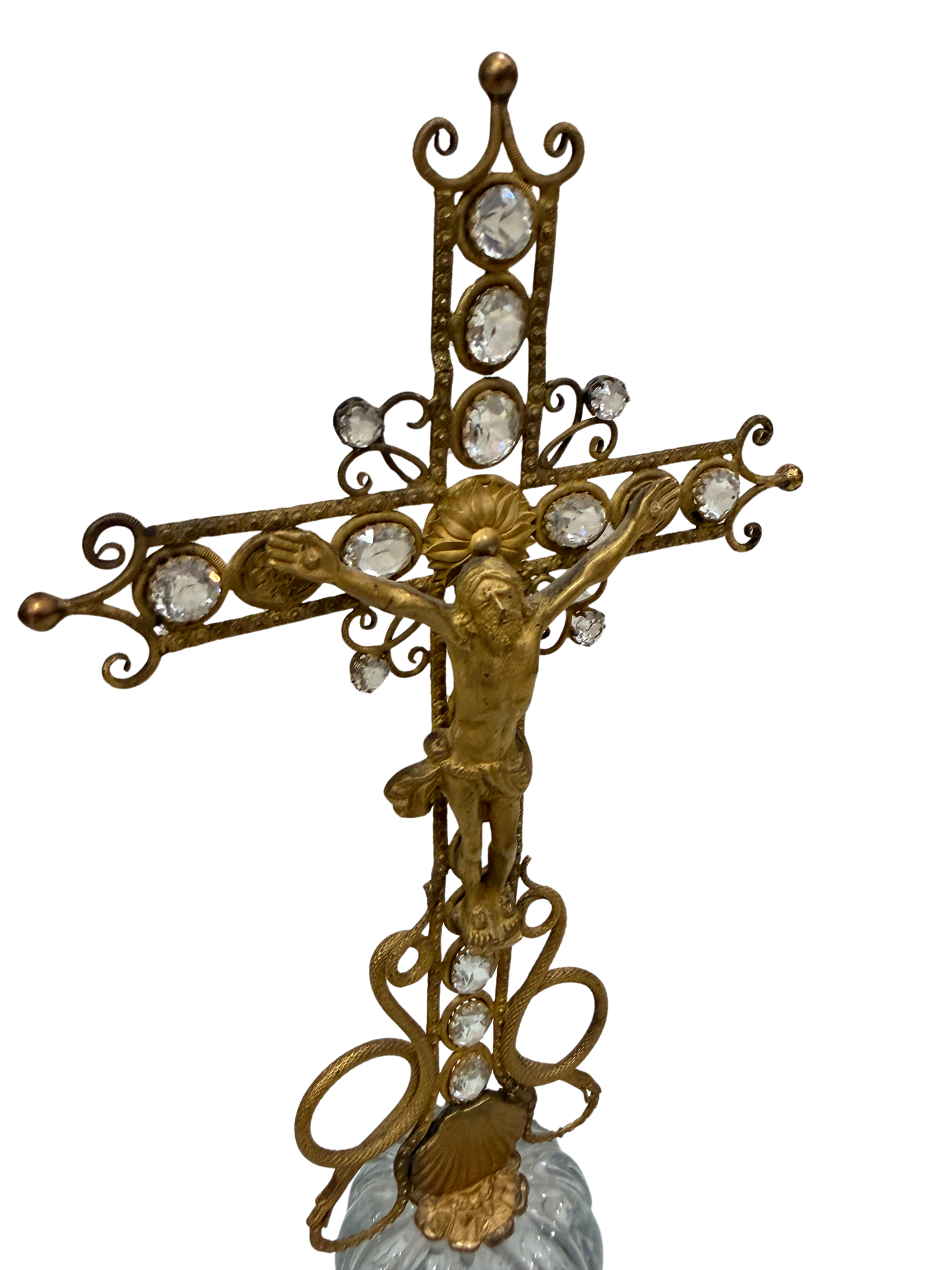 French Empire-Style Jeweled Crucifix on Crystal Pedestal