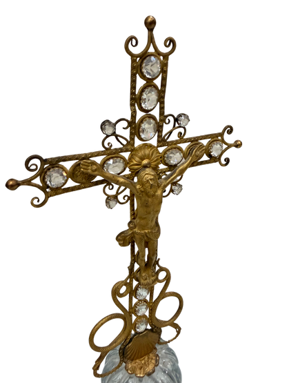 French Empire-Style Jeweled Crucifix on Crystal Pedestal