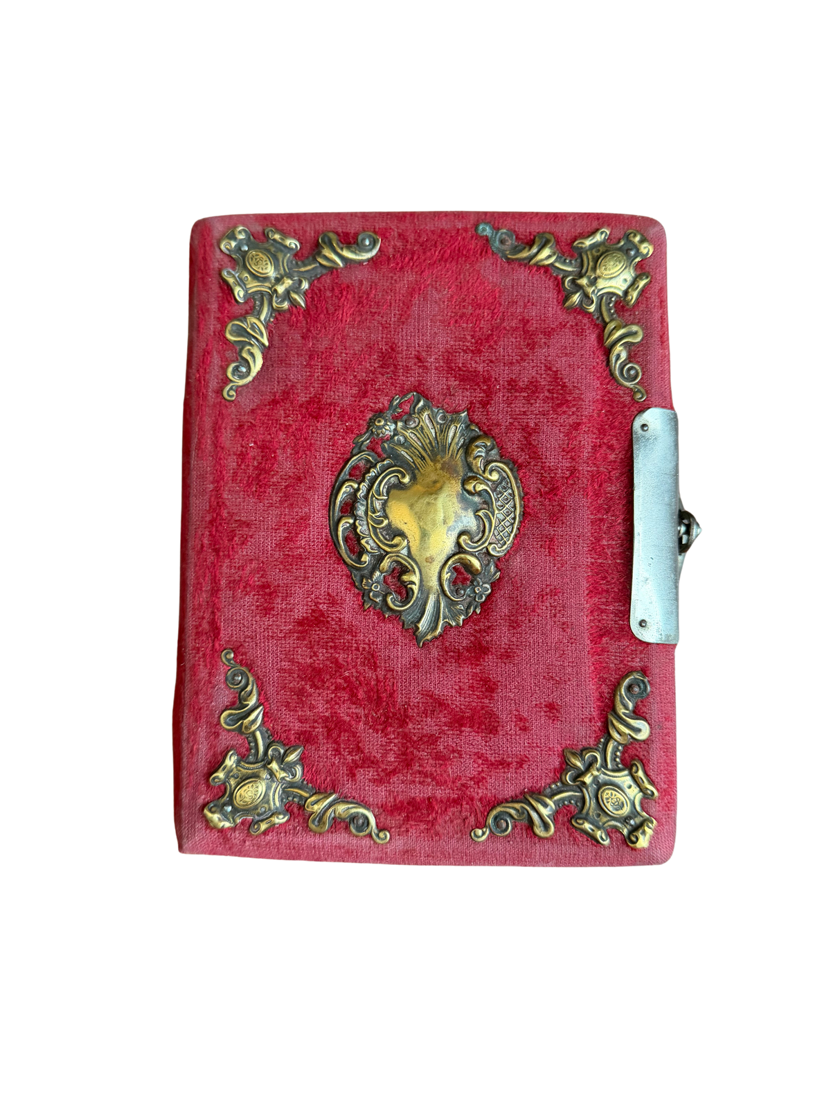 Antique French Belle Époque Red Velvet Photograph Album with Ornate Brass Mounts, Gilt Edges and Original Family Portraits, Circa 1900–1915