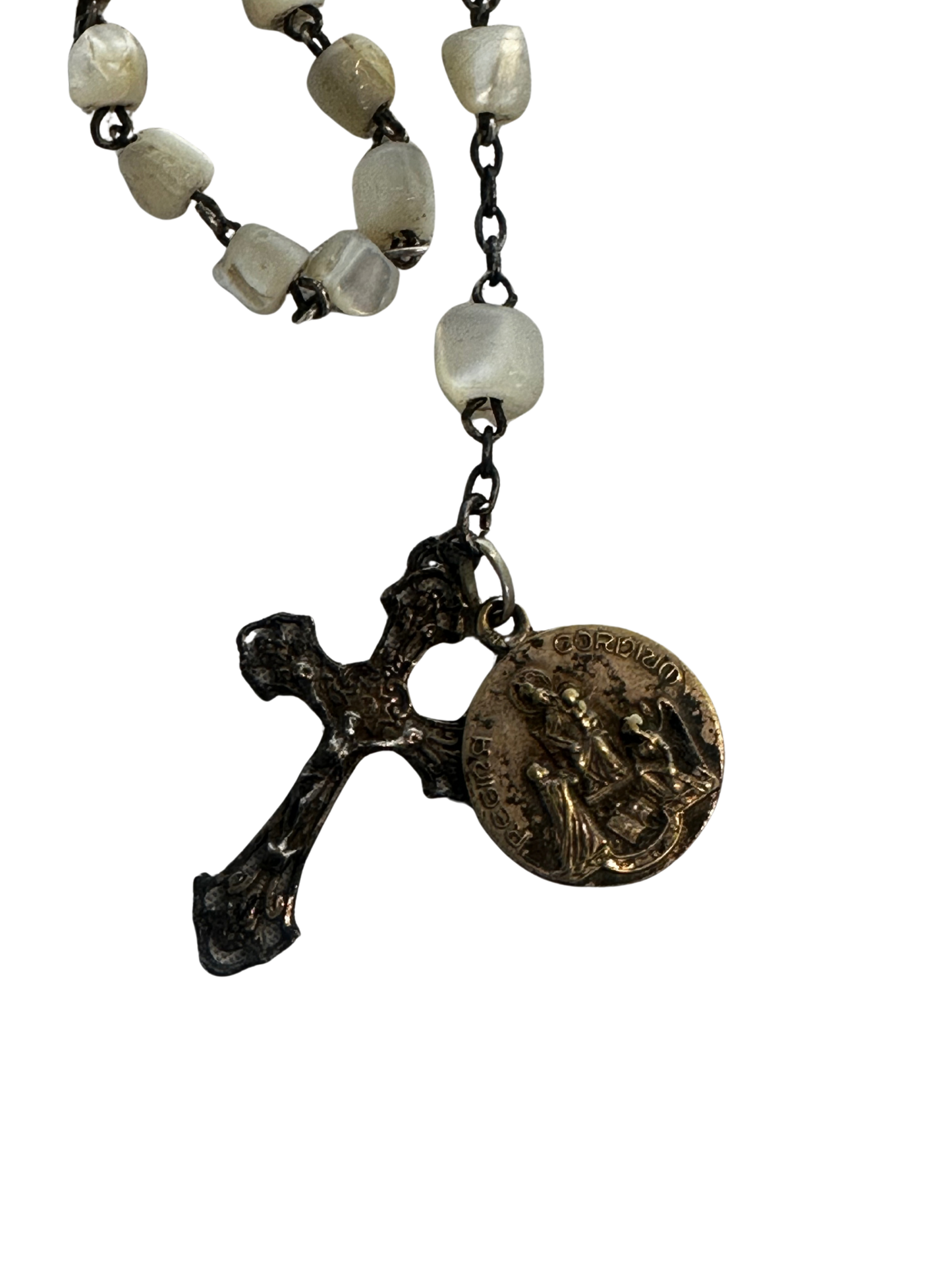 Antique Rosary with Mother-of-Pearl Beads, Silver-Tone Crucifix, and Religious Medal