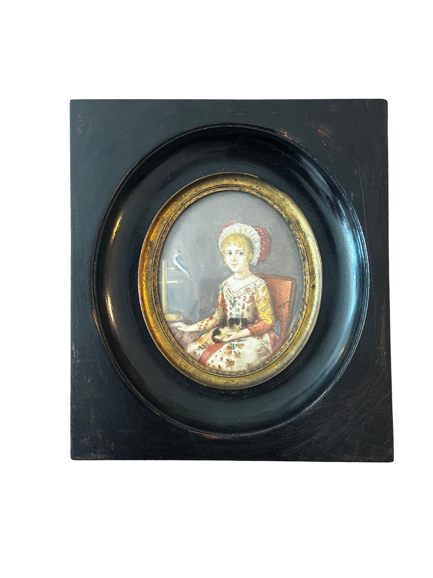 19th C Continental School Portrait of Young Lady with Dog and Bird (Signed "Regnier")