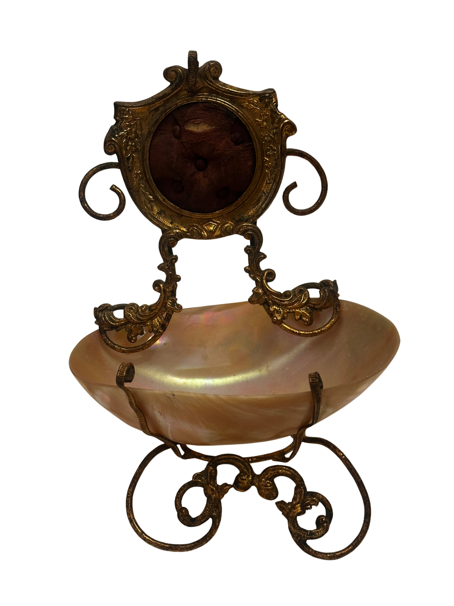 Antique Gilt Metal and Mother-of-Pearl Vanity Dish with Integrated Ring Stand
