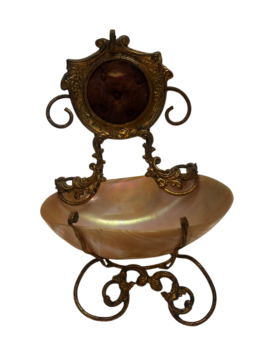 Antique Gilt Metal and Mother-of-Pearl Vanity Dish with Integrated Ring Stand