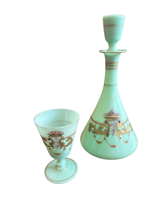 Antique Baccarat Mint Green Painted Figural Opaline Decanter and Goblet Set (Damaged Stopper)