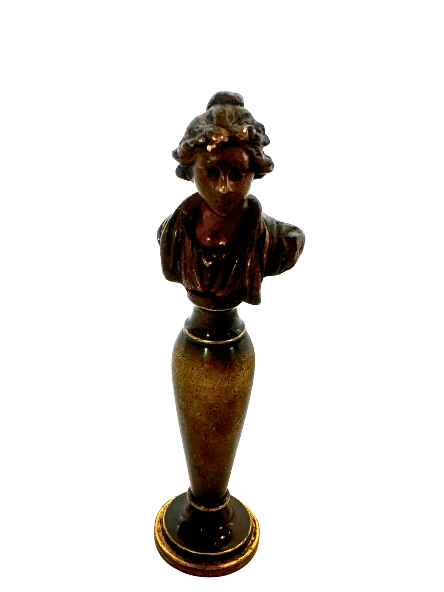 19th-Century Gilt Bronze Wax Seal with Classical Female Bust and Script Monogram