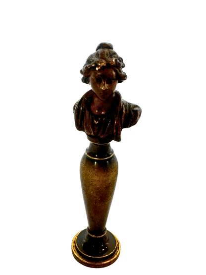 19th-Century Gilt Bronze Wax Seal with Classical Female Bust and Script Monogram