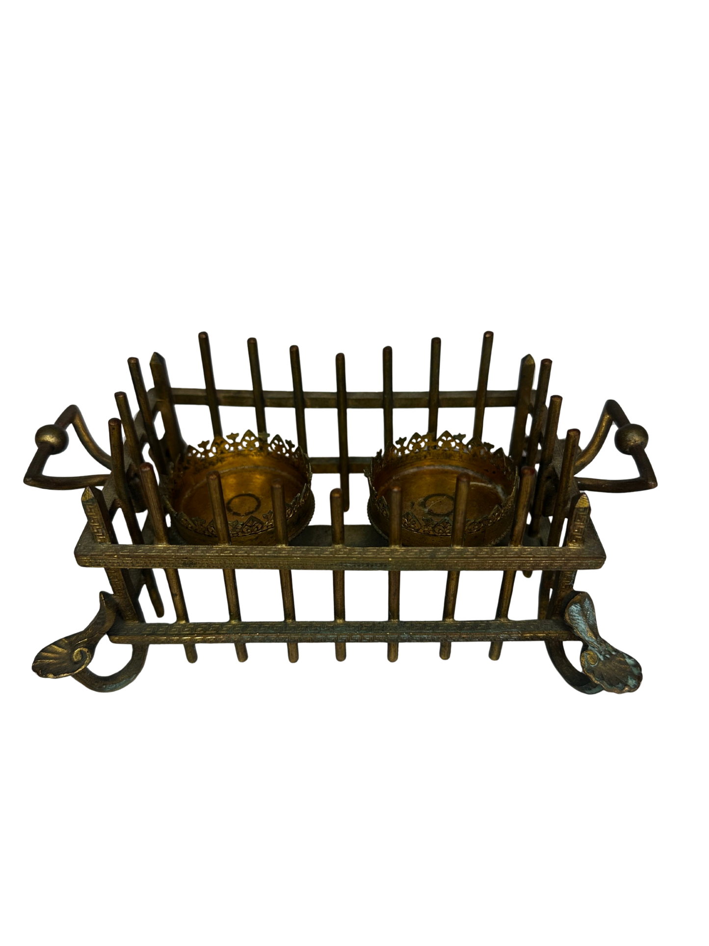 Antique Bronze Vanity Caddy with Pair of Cut-Glass Scent Bottles