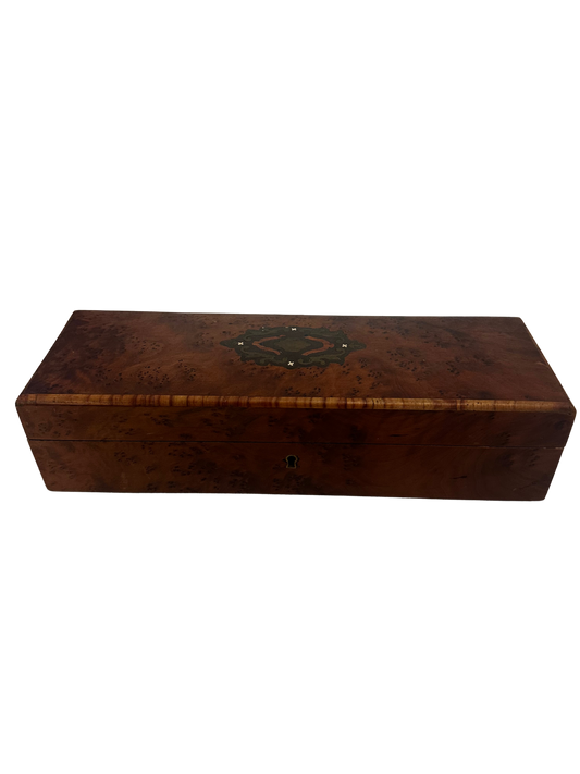 19th C French Burl Wood Glove Box with Pink Silk Interior