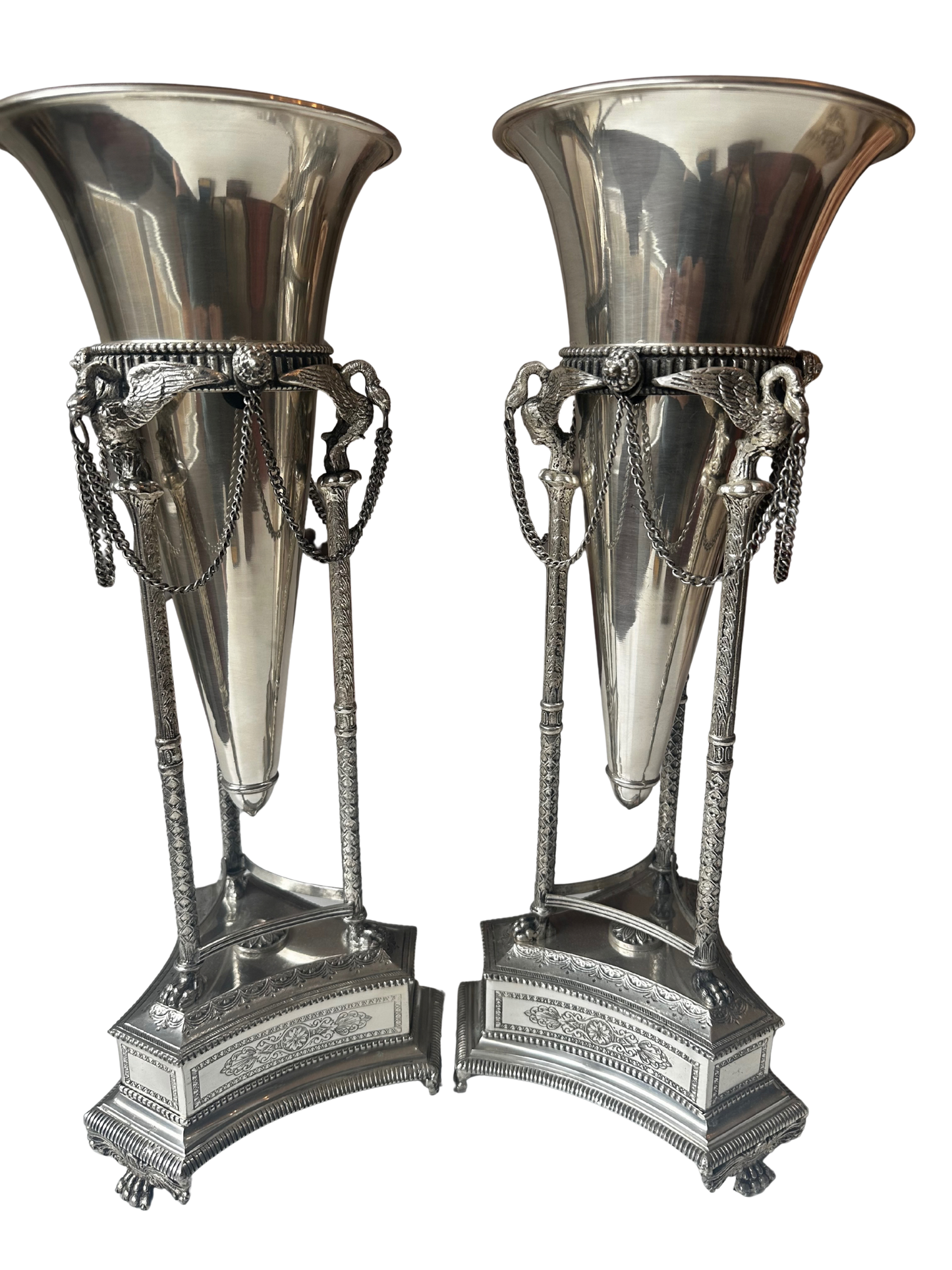 Pair of Neoclassical Silverplate Trumpet Vases with Swan/Crane Motifs