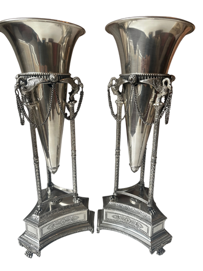 Pair of Neoclassical Silverplate Trumpet Vases with Swan/Crane Motifs