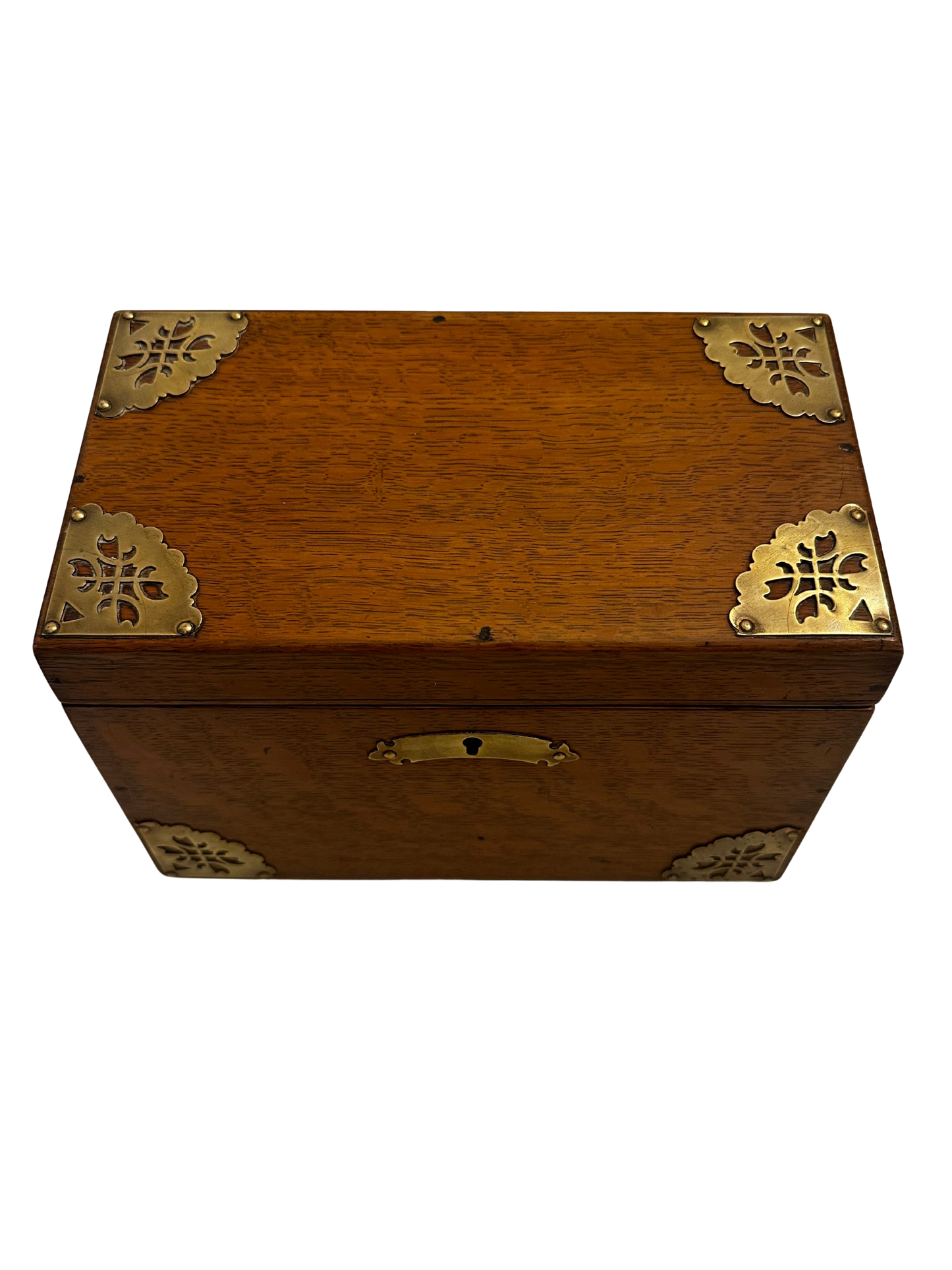 Antique English Oak Stationary Box with Brass Corner Mounts and Letter Dividers