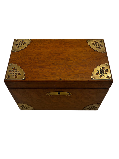 Antique English Oak Stationary Box with Brass Corner Mounts and Letter Dividers