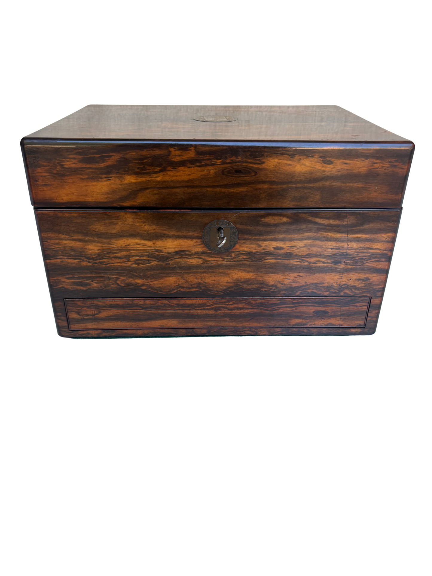 Fine Victorian Burled Walnut Vanity / Dressing Case with Silverplate Fittings, Secret Compartments, Hidden Documents, and Engraved Cartouche Dated 1891