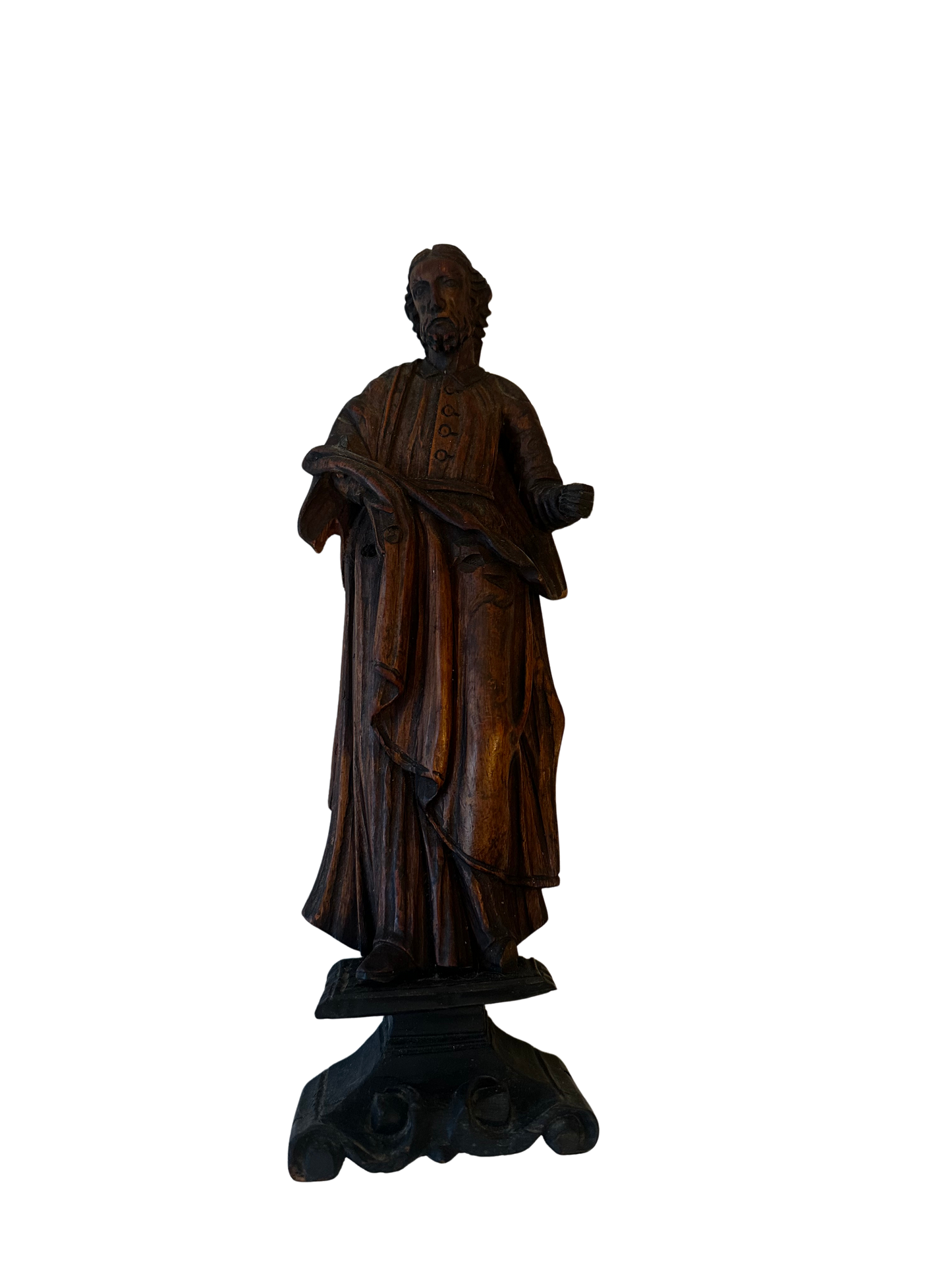 Antique Carved Religious Wooden Figure, Likely Joseph, on Pedestal Base