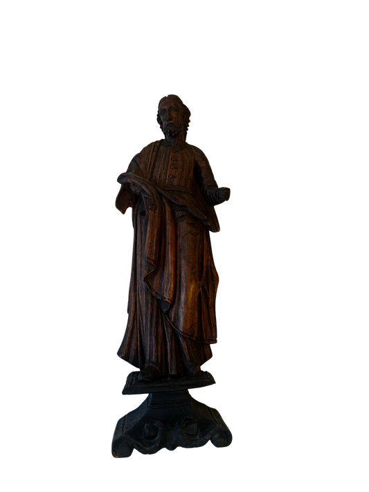 Antique Carved Religious Wooden Figure, Likely Joseph, on Pedestal Base