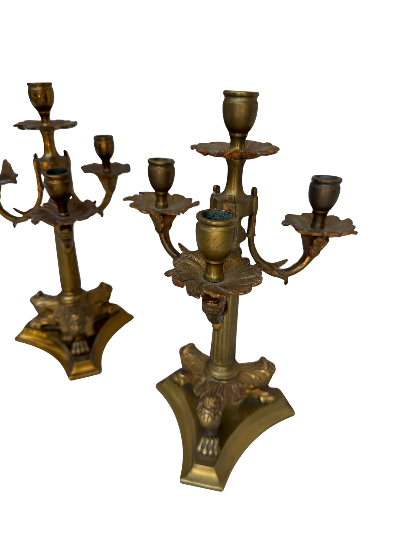 Pair of Antique French Bronze Four-Light Candelabra with Paw Feet and Foliate Arms