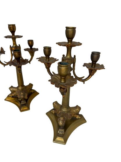 Pair of Antique French Bronze Four-Light Candelabra with Paw Feet and Foliate Arms